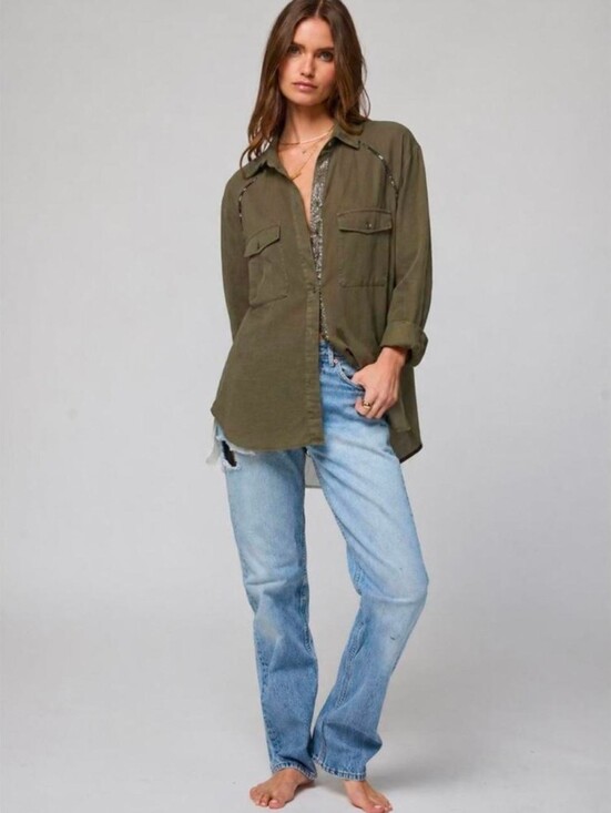 Free People Tops - Free People Off Campus Button-Down Shirt Olive Green Metallic Trim
